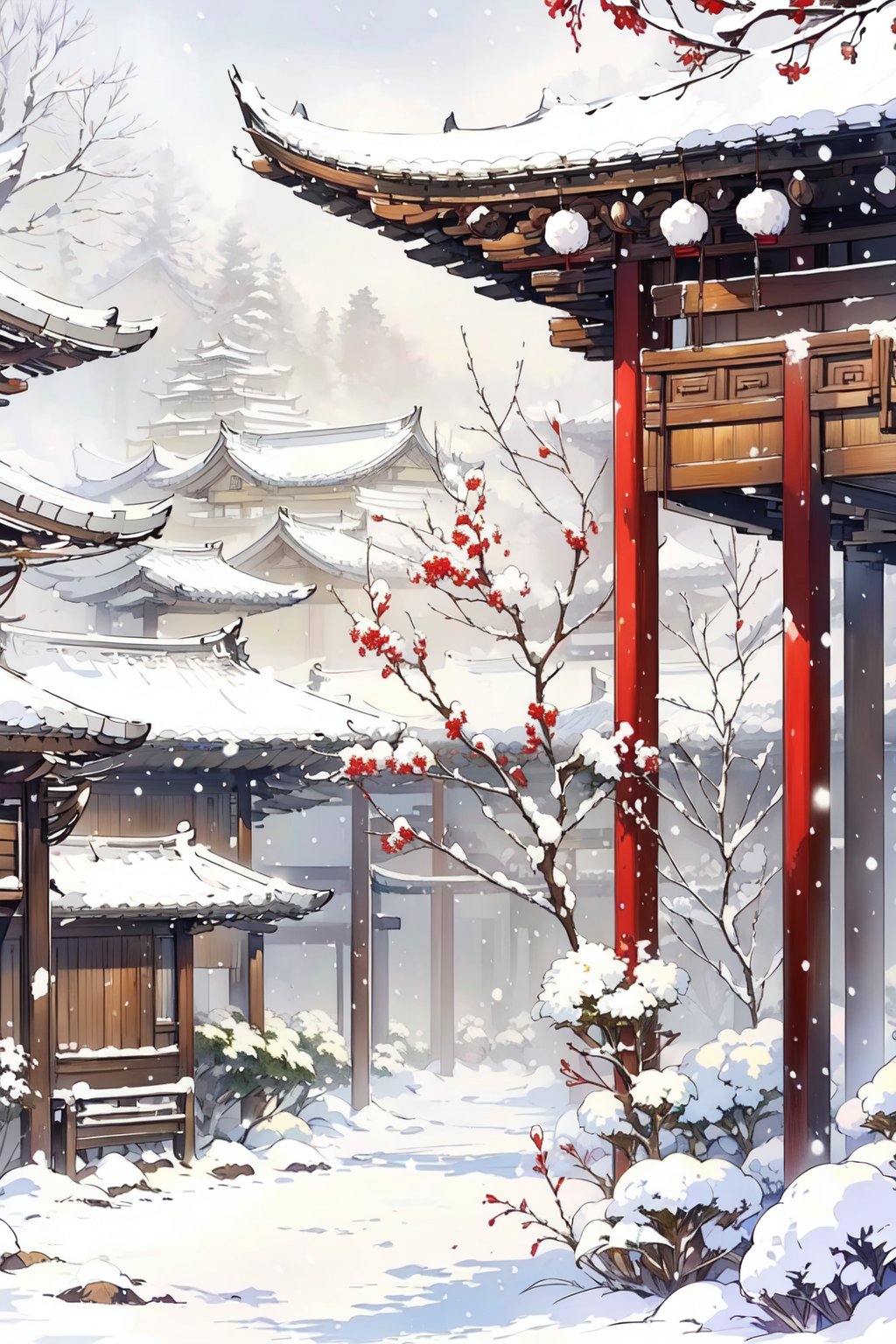 -Hanama wine, snow, scenery, tree, outdoors, flower, architecture, snowing, east asian architecture, winter, no humans, plant,anime,<lora:Hanama wine V2-000018:0.8>,