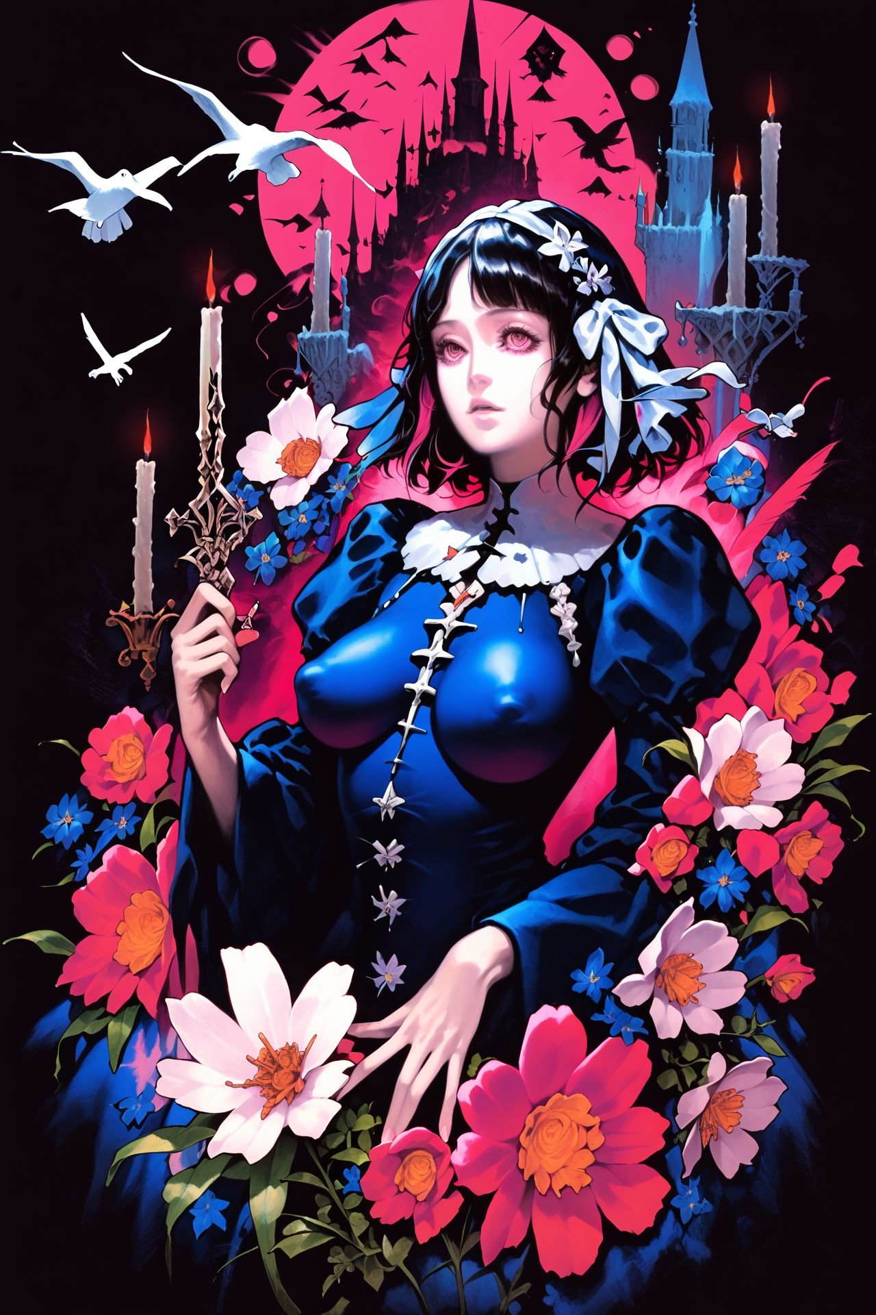 score_9, score_8_up, score_7_up, 1girl, breasts, covered nipples, :q, black hair, medium_hair, pink eyes, feathers, castle, Adam's-needle, \(flower\), blooming flower, skeleton, candle, bird, abstract background, <lora:Kojima_Ayami_PonyXL_style_v01:1>