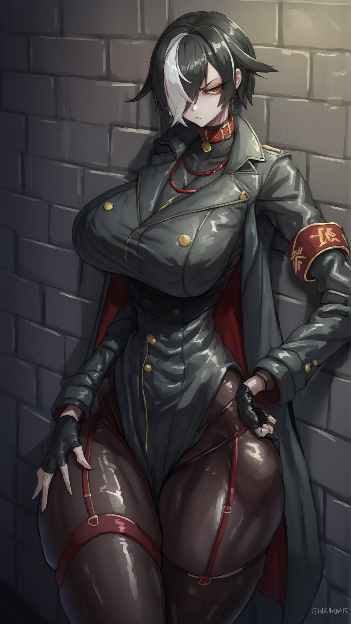 <lora:CanvasSolaris Style V2.5_epoch_10:1> cnvsls,black hair, red eyes, military uniform, armband, long black trenchcoat, collar, turtleneck, fingerless gloves, black gloves, thigh highs, disgust, looking at viewer, bodystocking, leaning on brick wall, garter straps, big breasts, hand on hip, hand on wall, narrowed eyes, hair over eye, white highlights,, score_9, score_8_up, score_7_up, score_6_up,