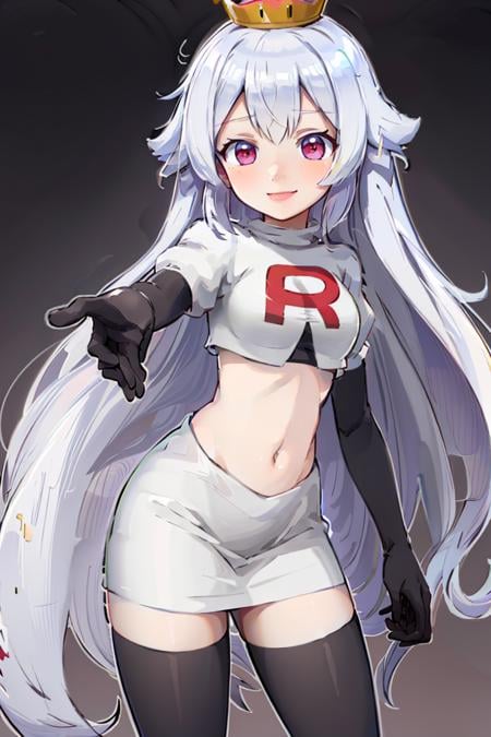 <lora:Cosplay_TeamRocket_v2:0.8>, ((masterpiece,best quality)), Cosplay_TeamRocket, white jacket, cropped jacket, white skirt, elbow gloves, black thighhighs, zettai ryouiki, <lora:Boosette_Mario_Anime:0.9>, Boosette_Mario, 1girl, long hair, white hair, solo, smiling, blushing, looking at viewer, cowboy shot,