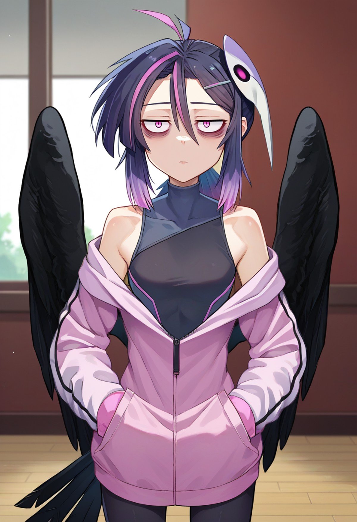 score_9, score_8_up, score_7_up, source_anime, solo, 1girl, omava, monster girl, harpy, black wings, feathered wings, bird legs, expressionless, looking at viewer, hands in pockets, ahoge, hairclip, mask on head, bags under eyes, pink jacket, jacket partially removed, partially unzipped, black tank top, turtleneck, yoga pants, bare shoulders, indoors <lora:orcmassage_ava_ponyXL:1>