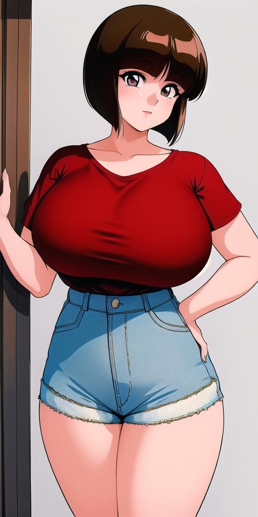 <lora:TendouNabikiV3:0.85> tendounabiki, huge_breasts, standing, solo, denim_shorts, masterpiece, best quality, detailed face, detailed eyes, highres,