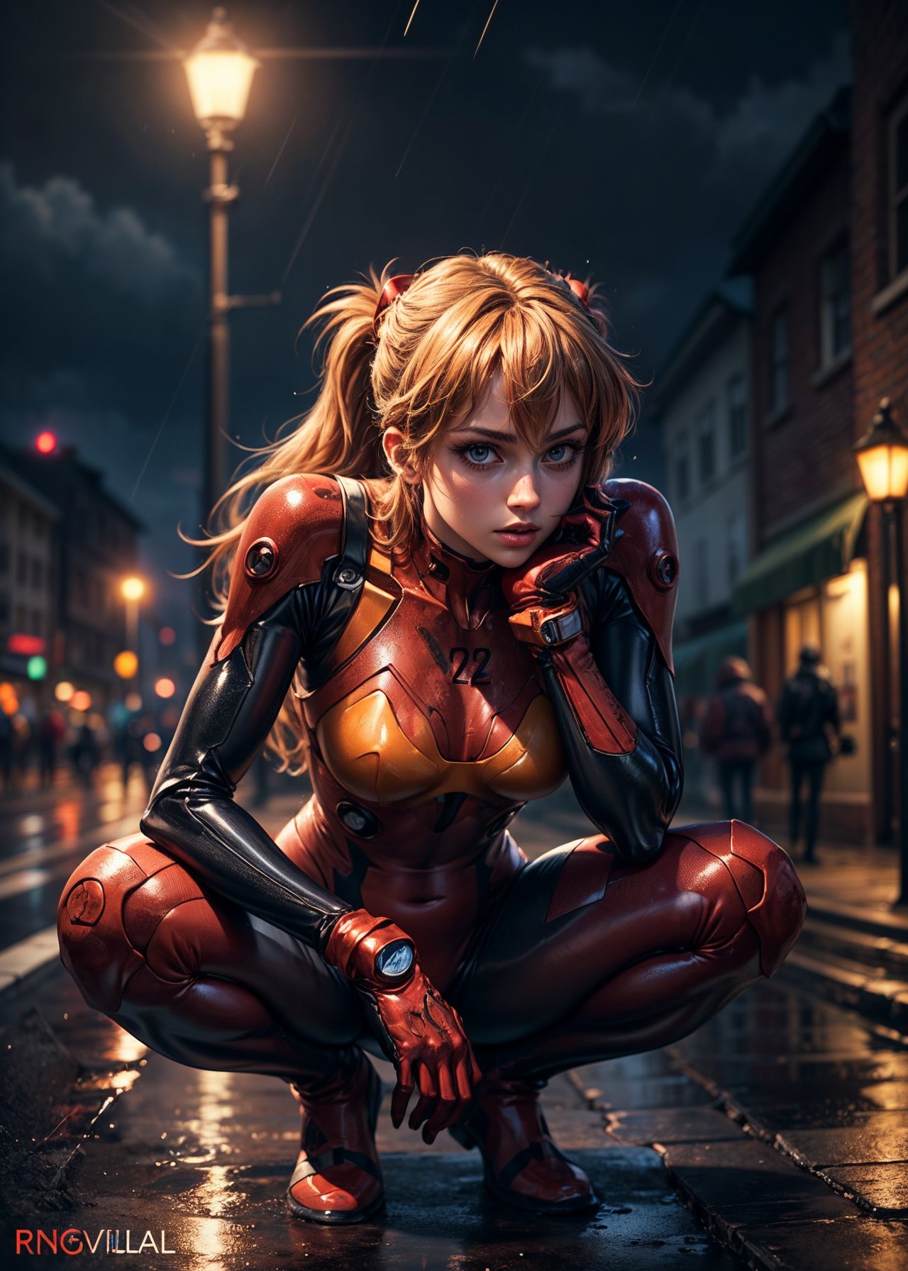 best quality, masterpiece, realistic, photorealistic,<lora:AsukaLangleySouryuuV2:0.7> souryuu asuka langley, 1girl, solo, , breasts, looking at viewer, red bodysuit,detailed background, in street, night, light, rainBREAKoutdoors, twilight, raytracing <lora:add_detail:1>
