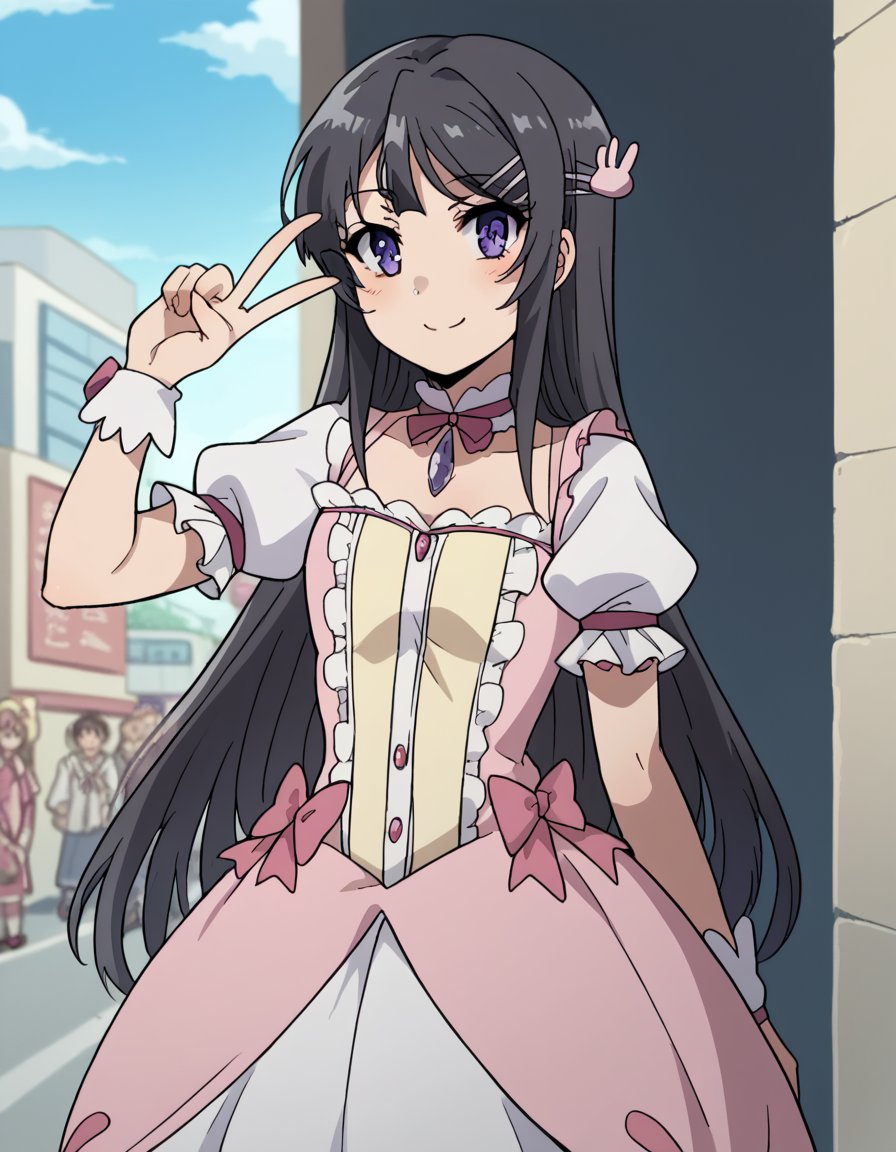 score_9, score_8_up, score_7_up, source_anime, maisakurajima, <lora:mai-sakurajima-s1-ponyxl-lora-nochekaiser:1> mai sakurajima, long hair, bangs, black hair, hair ornament, purple eyes, hairclip, rabbit hair ornament,, <lora:kaname-madoka-cosplay-ponyxl-lora-nochekaiser:1>, kanamemadokacosplay, kaname madoka \(cosplay\), chest jewel, dress, frilled dress, frills, magical girl, neck ribbon, pink dress, puffy short sleeves, puffy sleeves,, outdoors, streets, smile, blush, v, v over eye,, cowboy shot, dutch angle, solo,