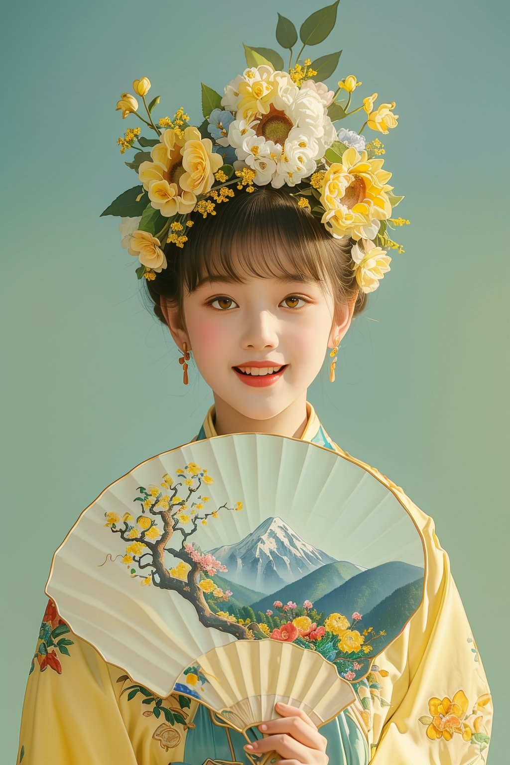 (masterpiece, top quality, best quality, official art, beautiful and aesthetic:1.2),etzanhua, 1girl, front view,(full body),shoes,hold a fan, looking at viewer, mountain picture,ink painting as background,lots of yellow and blue flowers on head <lora:儿童簪花-000005:0.8>,(lots of flowers on head),(laugh:1.2),