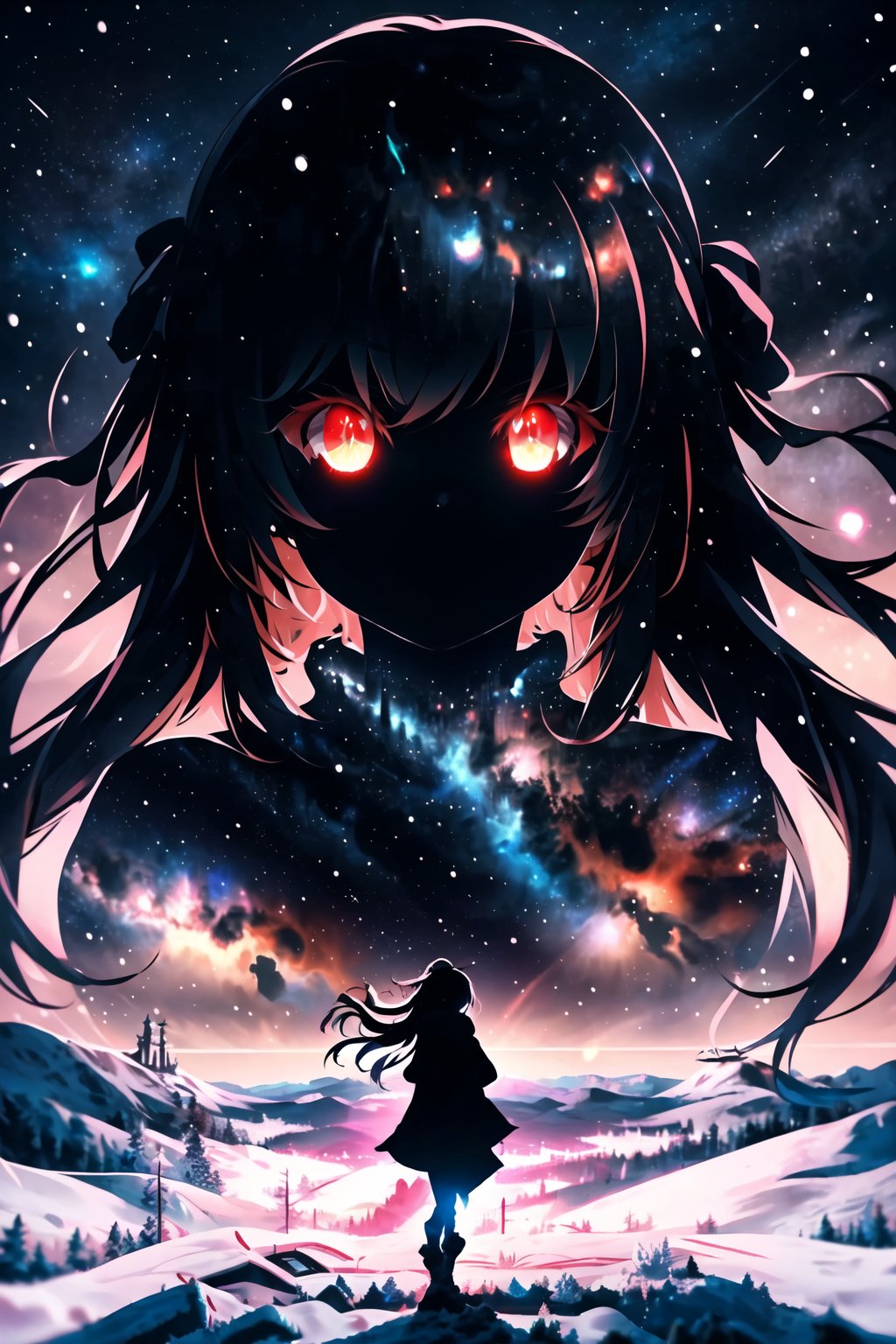 masterpiece, best quality, (silhouette:1.3), long hair, glowing eyes, red eyes, star (sky), pov, snow, <lora:silhouette-000012:0.8> 
