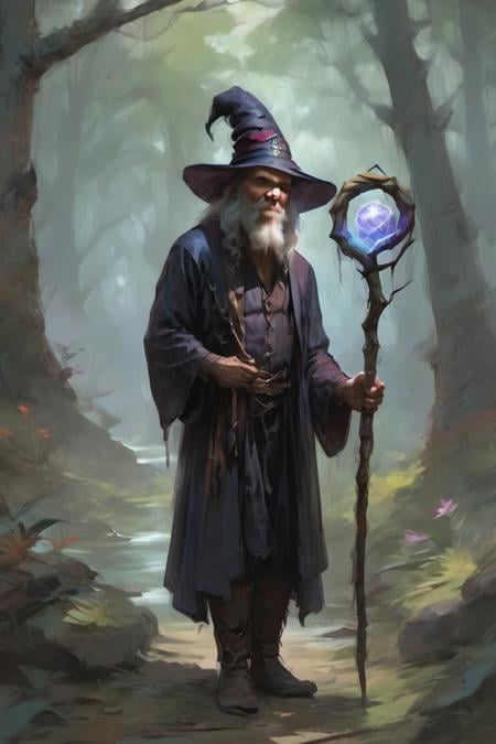 score_9, score_8_up, score_7_up, digital art, realistic, wizard, old, 1boy, old man, male focus, hat, beard, solo, staff, witch hat, facial hair, forest, nature, robe, long hair, looking at viewer, tree, holding, white hair, outdoors, holding staff, boots <lora:Digital Art Style SDXL_LoRA_Pony Diffusion V6 XL:1>