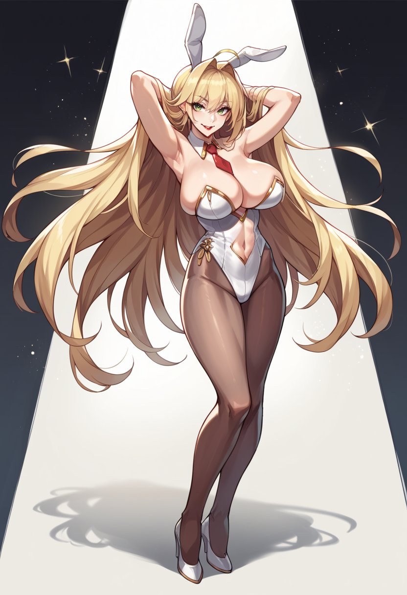 score_9, score_8_up, score_7_up, source_anime,  <lora:NeroClaudiuspdxl:0.8>, mlnerornd, ahoge, blonde hair, green eyes, hair intakes,  (large breasts:2), long hair, smile, white leotard, gold trim, pantyhose, long hair, navel cut out,  red necktie, detached cuffs, cleavage, high heels, red lips, playboy bunny, arms behind head, standing