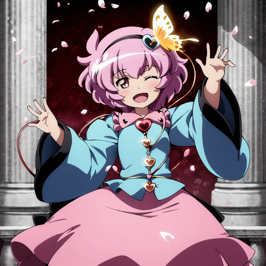 masterpiece, best quality, <lora:tgm-xl-a3.1:1>,pixiv,1girl, komeiji satori, one eye closed, solo, third eye, pink hair, bug, butterfly, hairband, wide sleeves, heart, smile, open mouth, long sleeves, short hair, pink eyes, skirt, pillar, eyeball, shirt, petals, looking at viewer, string, pink skirt