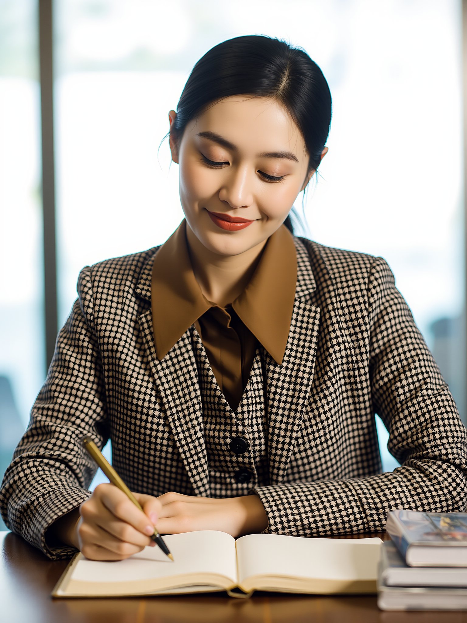 tianhai girl, photograph, woman in a black and white checkered blazer with brown collar, seated at a wooden desk, holding a pen and writing in an open book, soft natural light from large windows in the background, serene expression, hair in a ponytail, indoor setting. <lora:光影人像v2.0:0.8>