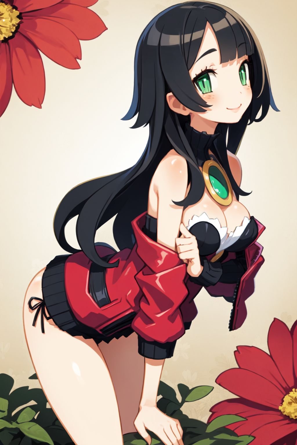 solo, 1girl, leaning forward, smile, blush, medium breasts, black hair, short bangs, dark green eyes, beautiful detailed face, ultra detailed eyes, red cropped jacket \(bolero\), god rays, African_Boxwood \\(flower\\), floral background <lora:harada_takehito_Disgaea_style_v01:1>