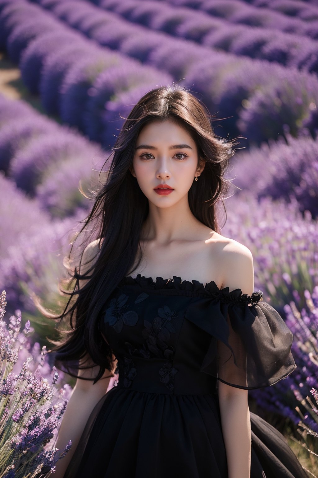 1girl,dress,black dress,black hair,flower,solo,field,outdoors,long hair,flower field,looking at viewer,petals,standing,cloud,long dress,sky,bare shoulders,red lips,lavender,<lora:XUN_20240406204456-000002:0.6>,