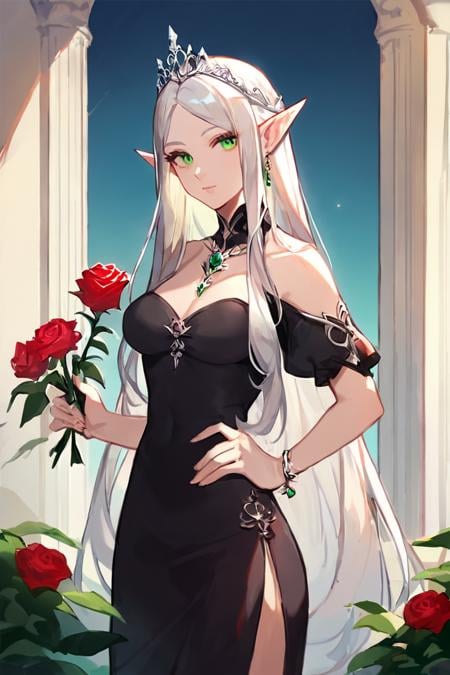 score_9, score_8_up, score_7_up, rating_safe, 1girl, solo, elf, pointy ears, breasts, long hair, very long hair, white hair, green eyes, portrait, looking at viewer, black dress, tiara, silver tiara, holding, holding flower, rose, red rose, necklace, jewelry, cowboy shot, standing, outdoors, castle <lora:Anime Style 2 SDXL_LoRA_Pony Diffusion V6 XL:0.8>