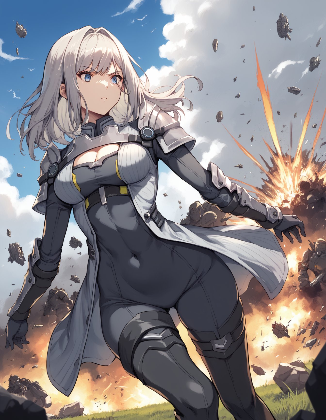 score_9, score_8, score_7, source_anime,<lora:xb3-ponyxl-000003:1>1girl, ethel, arm guards, armor, black bodysuit, cleavage cutout, clothing cutout, coat, covered navel, grey coat, long sleeves, shoulder armor, thigh boots,battlefield, bunker, cloud, debris, explosion, grass, sky, war