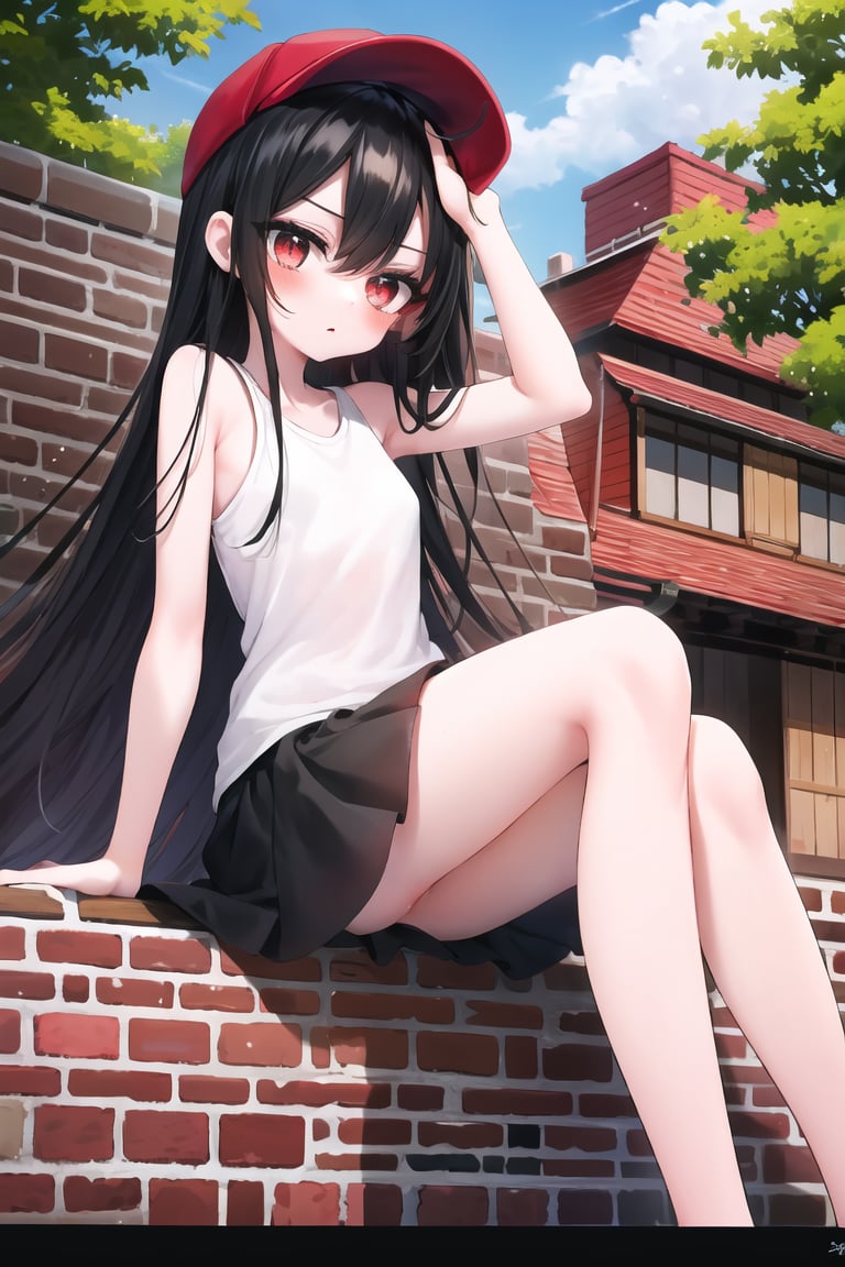 (nsfw:0.6), blush, black hair, red hairband, red eyes, eyelashes, ribs, skinny, emaciated, (detached, floating hair:-1), (absurdly_long_hair, hime cut), flat chest , slender, casual, legs, baseball cap, summer, outdoor, sitting, brick, (architecture), barefoot, from below, gate, glass, window, sky, wind_chime, wooden, plant