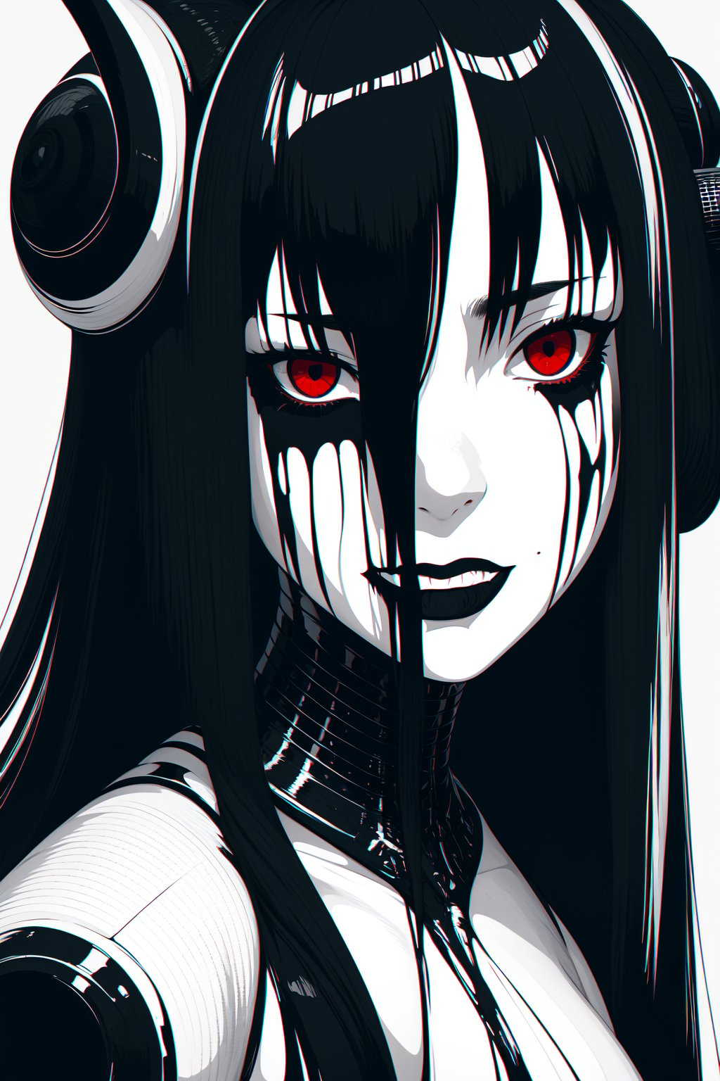 1girl,(solo),red eyes,horns,looking at viewer,monochrome,chromatic aberration,makeup,long hair,facial mark,hair bun,spot color,portrait,<lora:black and white:1>