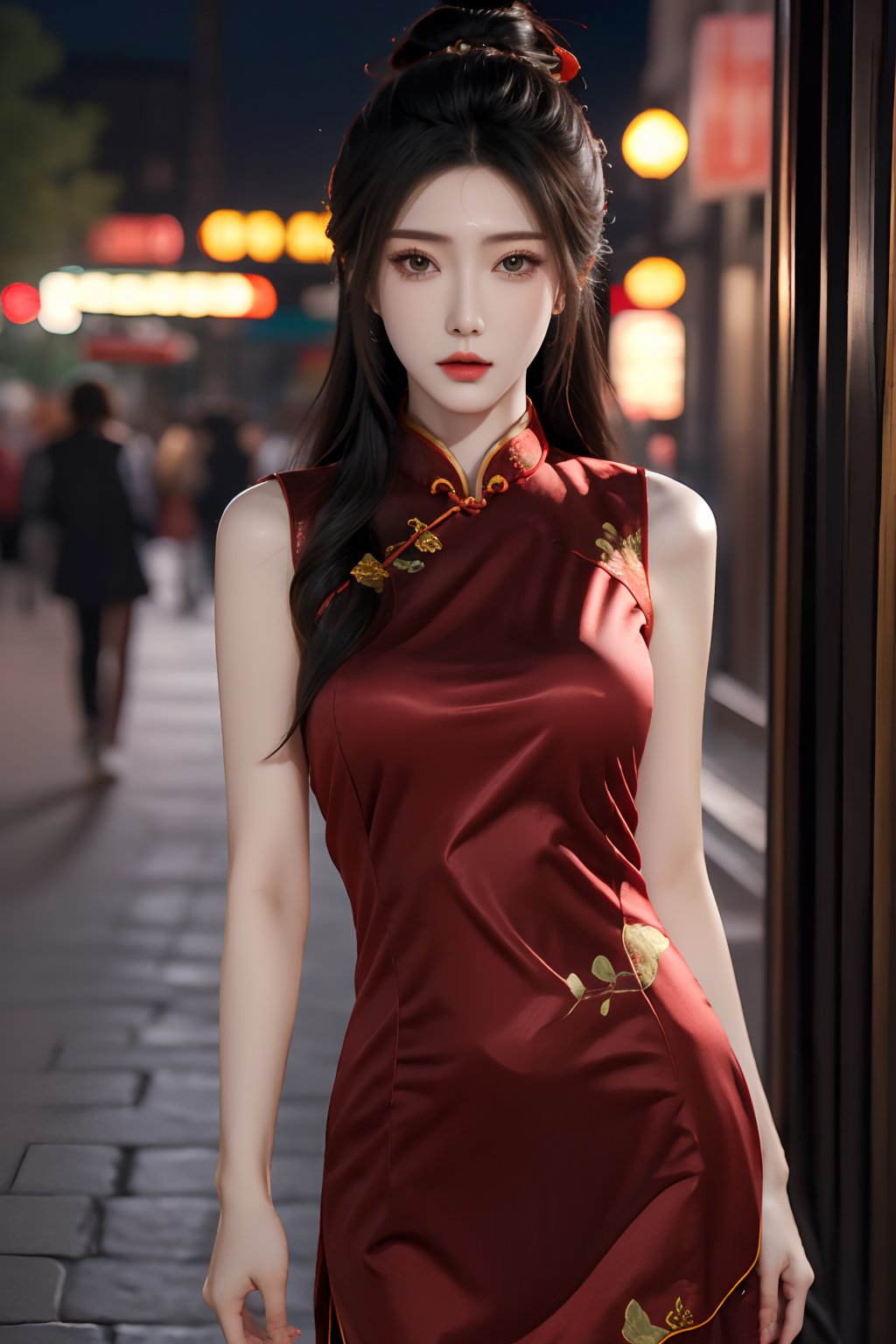 masterpiece,best quality,ultra detailed,photorealistic,1 women,solo,hip up,red cheongsam,outdoor,<lora:lxmix:0.7>,lxmix,