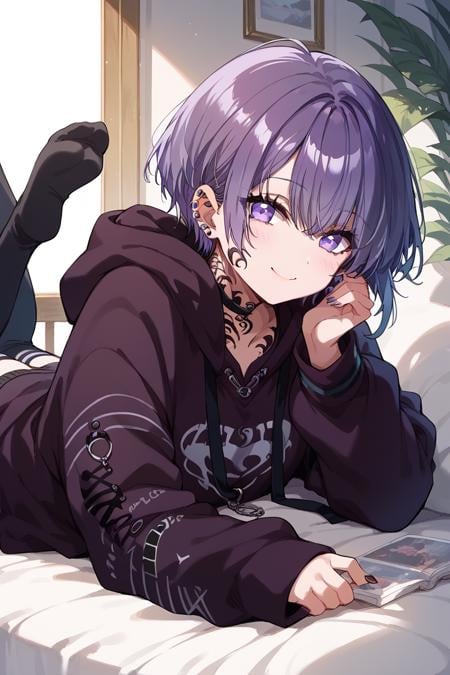 score_9, score_8_up, score_7_up, score_6_up, 1girl, solo,<lora:Sophia:0.9> sophia, piercing, hoodie, purple eyes, tattoo, on stomach, ear piercing, lying, hood, thighhighs, looking at viewer, jewelry, smile, short hair