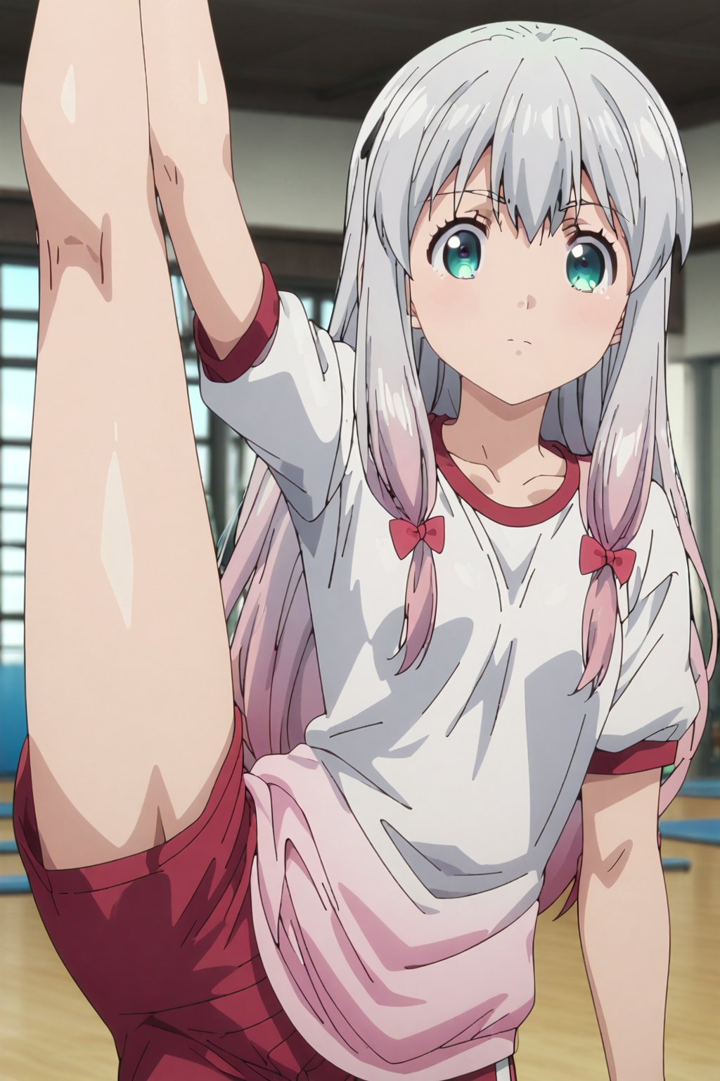 koizumi yogiri, long hair, grey hair, aqua eyes, grey hair, pink hair, multicolored hair,1girl, solo, gym uniform, gym, standing split, looking at viewer,masterpiece, perfect face, best quality, beautiful girl, blurry background, cute girl, beautiful eyes, shiny eyes, anime coloring, anime screencap, absurdres,<lora:koizumi yogiri anim:0.8>