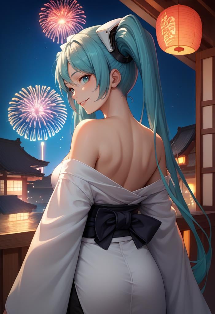 score_9, score_8_up, score_7_up, source_anime, from behind, solo, 1girl, racingmiku2022, smile, looking back, twintails, white kimono, off shoulder, black sash, bare shoulders, fireworks <lora:vocaloid_racingmiku2022_ponyXL:1>