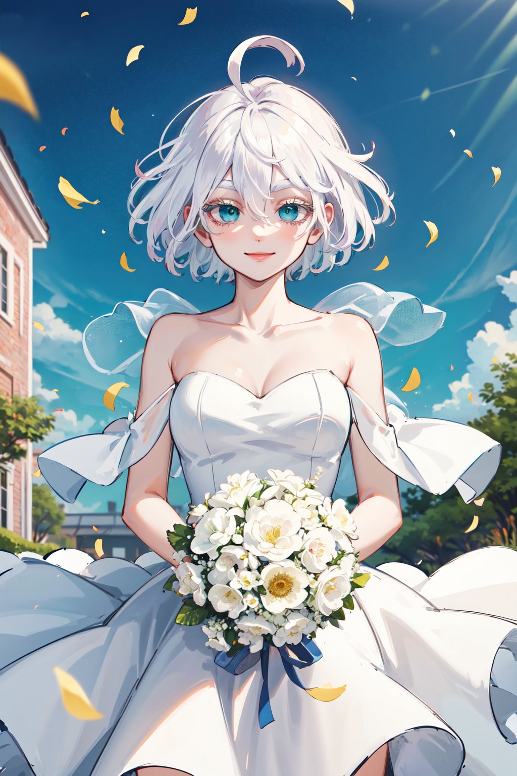 masterpiece, best quality, highres, 1girl, solo, short hair, white hair, floating hair, ahoge, hair between eyes, colored eyelashes, aqua eyes, <lora:kawaragi_senju_v1:0.7>, garden, wedding dress, white dress, smile, bouquet, day, confetti, cowboy shot, 