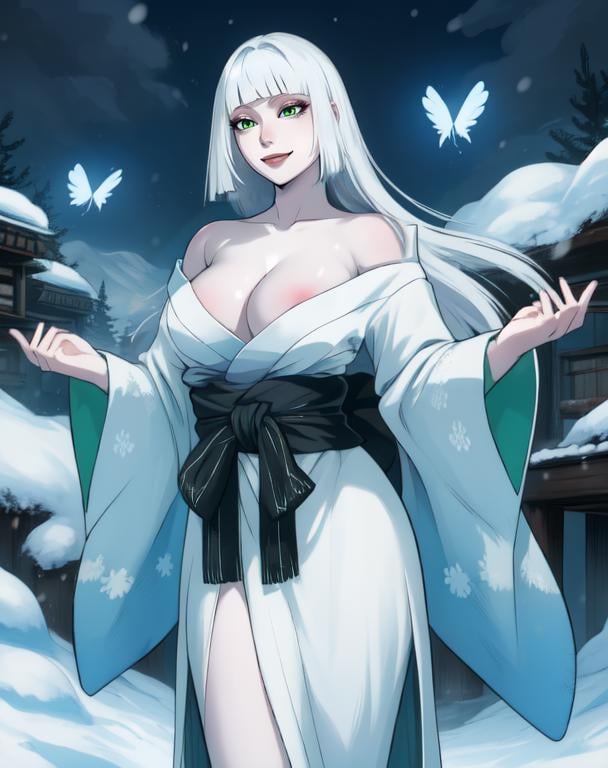 yuki,long hair,white hair,green eyes,blunt bangs,pale skin,kimono,cleavage,evil smile,covered nipples,standing,edo japan,snow,butterfly,ice,night,(insanely detailed, beautiful detailed face, masterpiece, best quality),<lora:yukionna:0.8>,