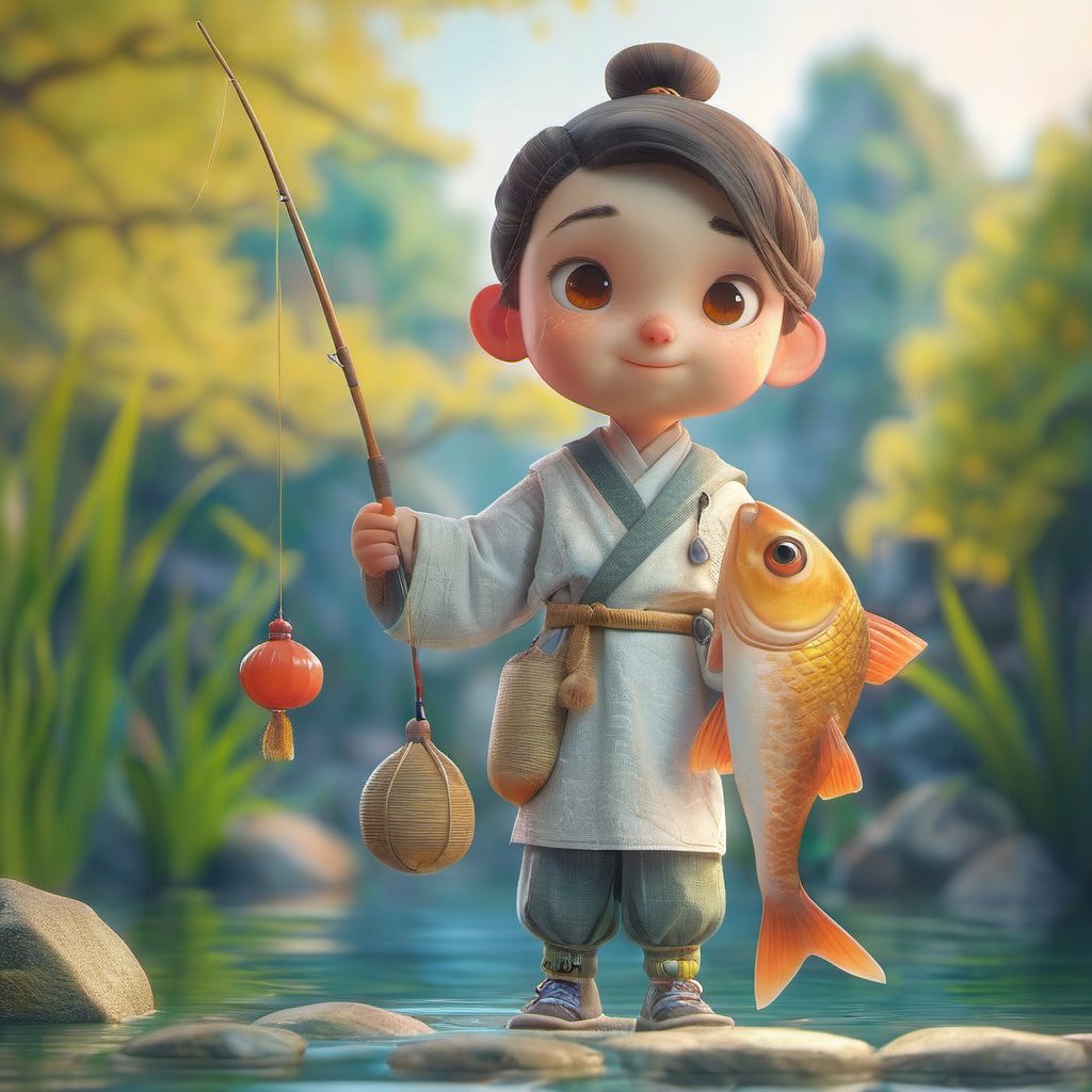 fish,fishing rod,outdoors,solo,blurry,holding,smile,brown eyes,standing,blurry background,day,1boy,water,long sleeves,hair bun,fishing,single hair bun,pants,brown hair,1girl,parted lips,koi,black hair,male focus,river,depth of field,GCDY