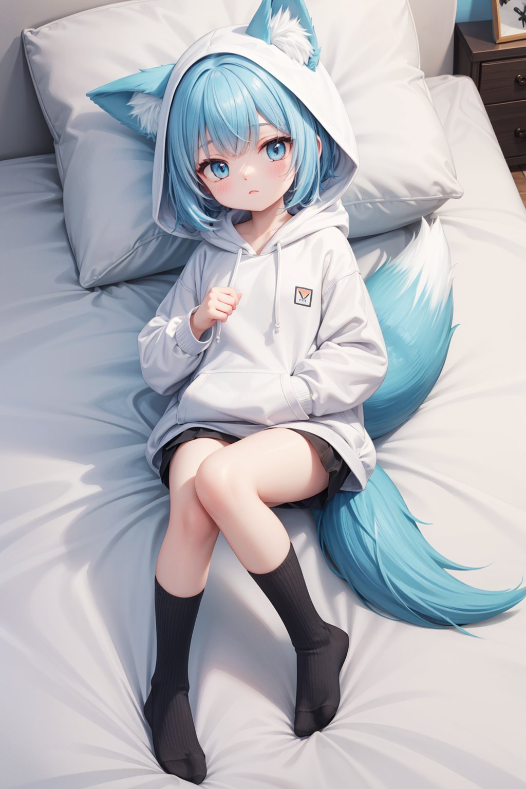 cute fox girl, light blue hair and tail and eyes, white hoodie, black long socks, sleepy