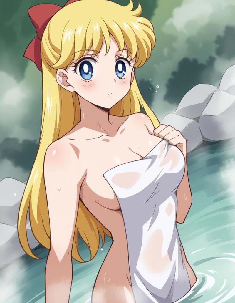 score_9, score_8_up, score_7_up, source_anime, <lora:minako-aino-eternal-movie1-ponyxl-lora-nochekaiser:1>, minako aino, blonde hair, blue eyes, bow, hair bow, half updo, long hair, red bow, tiara,, nude, naked, outdoors, onsen, towel, naked towel, steam, bathing, nude cover, partially submerged, water, bath, steam censor, wet towel, blush, looking at viewer, solo,, cowboy shot, dutch angle