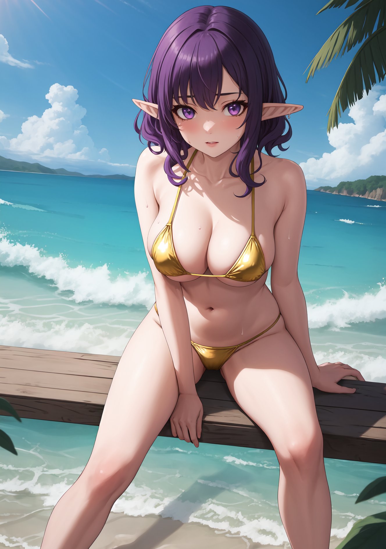 masterpiece, best quality, very aesthetic, ultra detailed, intricate details, 4k, anime style,goldbikiniai, 1girl, solo, purple eyes, purple hair, curls, curly hair, short hair, pointy ears, elf ears, navel, cleavage, bare shoulders, collarbone, swimsuit, bikini, sweat, stomach, micro bikini, yellow bikini, gold bikini,sitting, feet out of frame, upper body, looking at viewer, leaning forward, outdoors, ocean, water, waves, beach, <lora:Gold_Bikini:1>