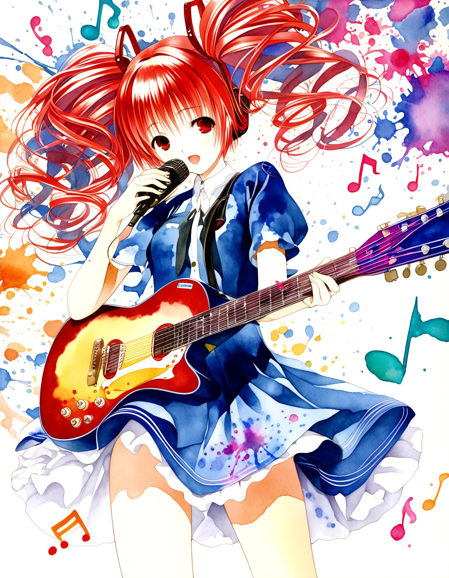 best quality, masterpiece, absurdres, fashion, by (murata range:0.9) by range murata, vocaloid, kasane teto, red hair, twin drills, watercolor \(medium\), radio, paint splash, musical notes, guitar, singing