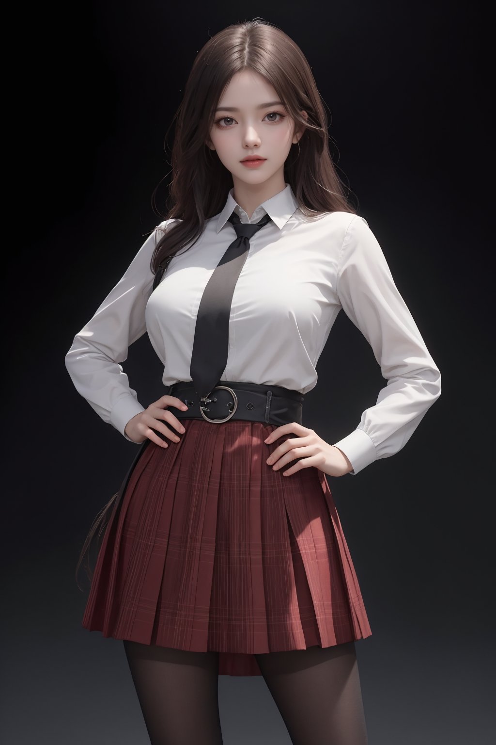 masterpiece,best quality,official art,extremely detailed CG unity 8k wallpaper,realistic,light rays,light particles,1girl,solo,skirt,pantyhose,plaid skirt,black hair,long  hair,pantyhose,standing,day,(simple background:1.2),necktie,dynamic pose,looking at viewer,cowboy shot,breasts,hand on hip,belt,lips, <lora:jk美女:0.8>