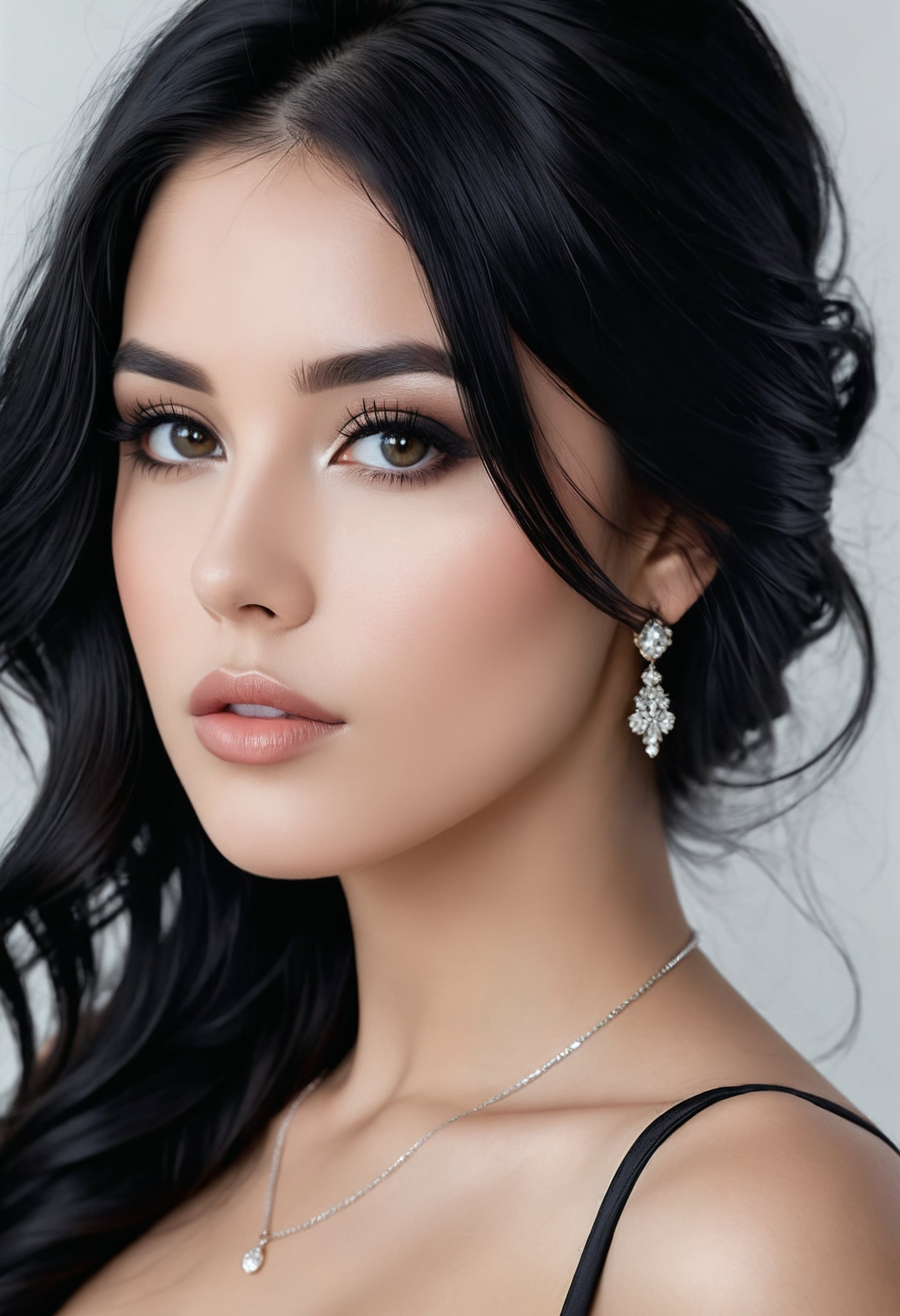 A photorealistic upper body portrait of a beautiful woman with flowing black hair and piercing black eyes. She has full lips, a closed mouth, and a serene expression. She is striking an elegant pose and gazing directly at the viewer. The image features is rendered in high quality with meticulous detail.