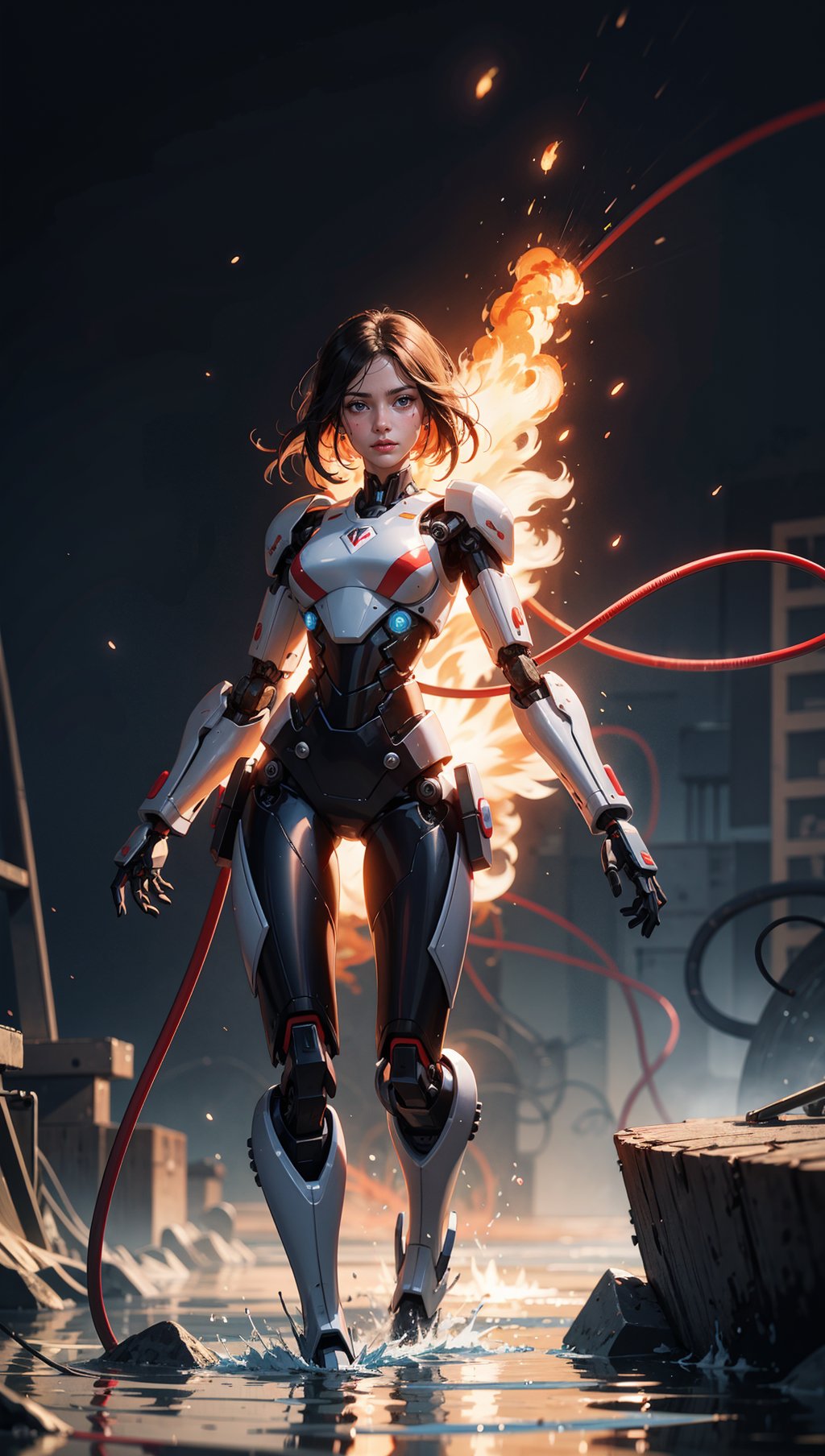 beautiful woman with with a robotic body coming out of oily water that is on fire. wires and particles in the backround