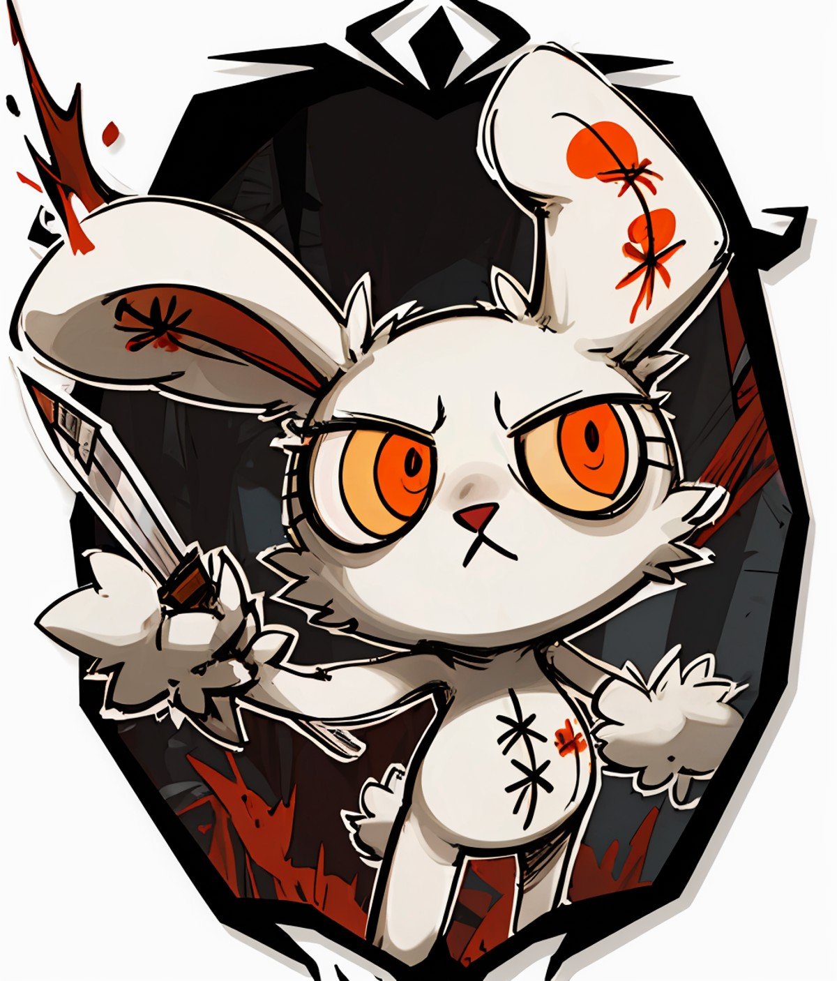 <lora:Role_Bloody_Bunny_v1.0:0.6>,Bloody Bunny,1girl,furry,bunny,orange eyes,red pupils,white_fur,rabbit_tail,stitches,nude,holding knife,blood stain,cartoonized,<lora:Style_Don't_Starve_Together_v1.0:0.8>,blank eyes,