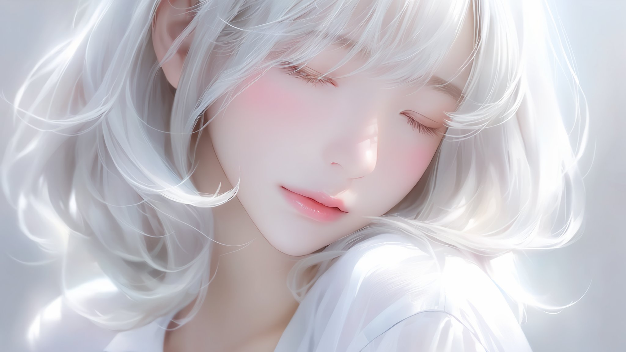 1girl, lips, realistic, solo,Silver white hair, white shirt, slightly rosy face,open your eyes