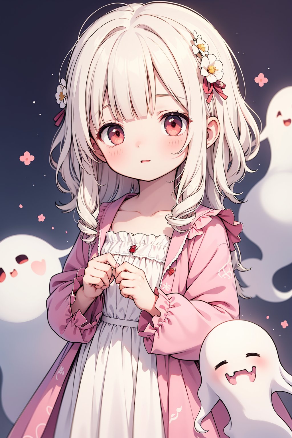 (masterpiece),(best quality),illustration,ultra detailed,hdr,Depth of field,(colorful),1girl,red eyes,white long translucent night gown,expressionless,(white hair),(hair cover one eye:1.2),long hair,red hair flower,blood,(ghost castle:1.5),(English text),