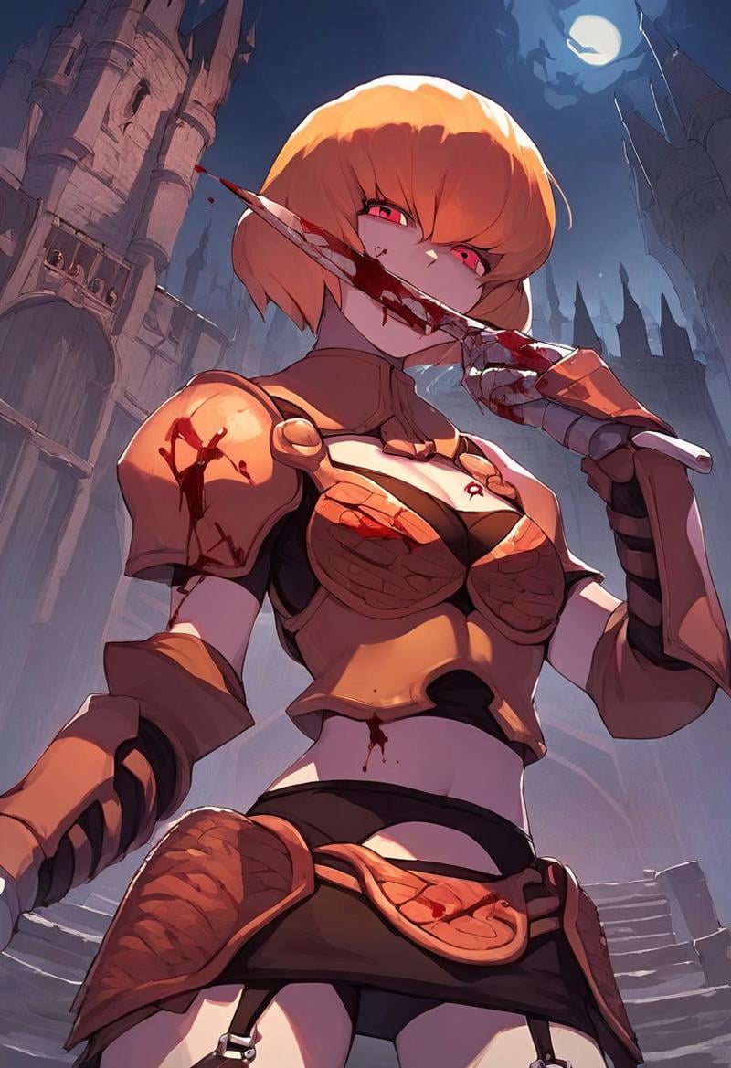 score_9, score_8_up, score_7_up,source_anime,Clementine, blonde hair, short hair, red eyes, light armor, gauntlets, garter belt, scabbard, castle view, moonlight,blood,licking sword,solo