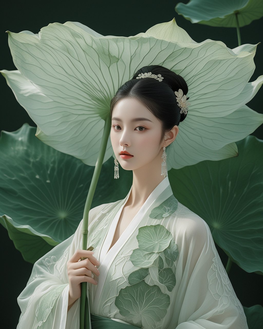 breathtaking Ancient Chinese Beauty, wearing Hanfu, standing by one enormous lotus leave with intricate patterns, median transparent/translucent lotus leave, soft glow, in the style of Albert Watson, minimalism, light emerald and white, simple white background, surrealist, feminine sensibilities . award-winning, professional, highly detailed