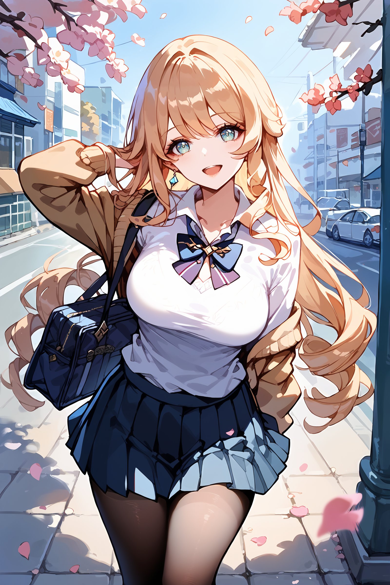 score_9, score_8_up, score_7_up, 1girl, navia \(genshin impact\), solo, school uniform, white shirt, sweater, pleated skirt, pantyhose, light smile, hand in own hair, looking at viewer, smile, open mouth, outdoors, street, cherry blossoms, petals, depth of field <lora:Char-Genshin-Navia-Pony-V1:0.9>