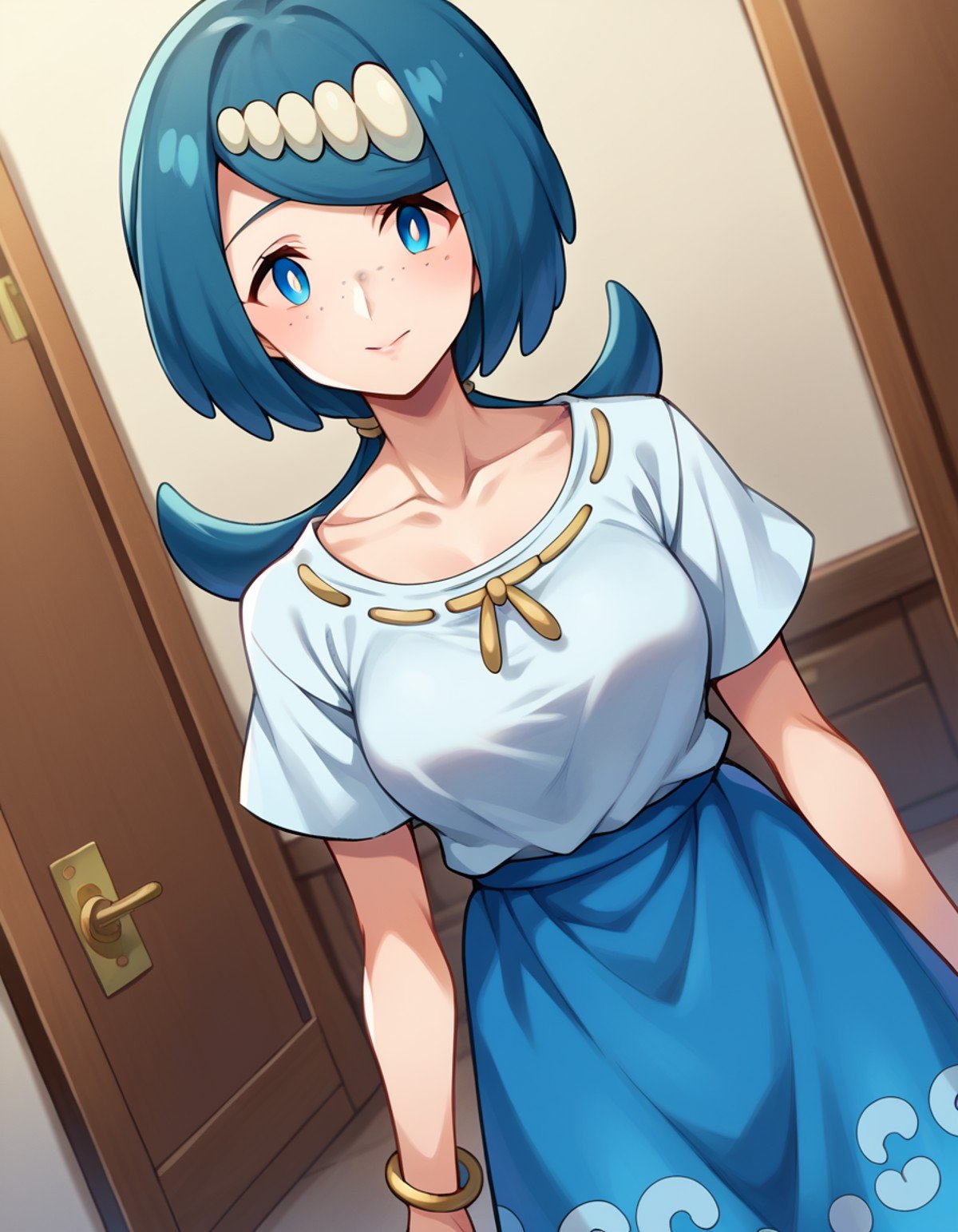 score_9, score_8_up, score_7_up, source_anime,pokemonmotherlana, <lora:pokemon-mother-lana-ponyxl-lora-nochekaiser:1>pokemonmotherlana, blue eyes, blue hair, freckles, hair ornament, long hair, swept bangs, bright pupils,blouse, blue skirt, bracelet, collarbone, dress, jewelry, long skirt, shirt, short sleeves, skirt, white shirt,indoors,looking at viewer, cowboy shot, dutch angle,