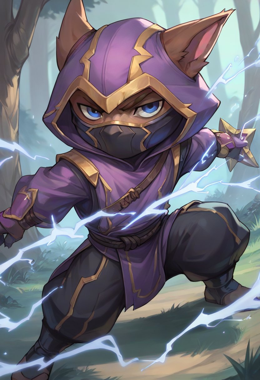 score_9, score_8_up, score_7_up, score_6_up, 1boy, solo, k3nn3n, hood, mask, yordle, solo, 1boy, male focus, hood up, blue eyes, pants, gloves, outdoors, looking at viewer, solo, weapon, shuriken, electricity, <lora:Kennen_Default_v2-000028:0.7>