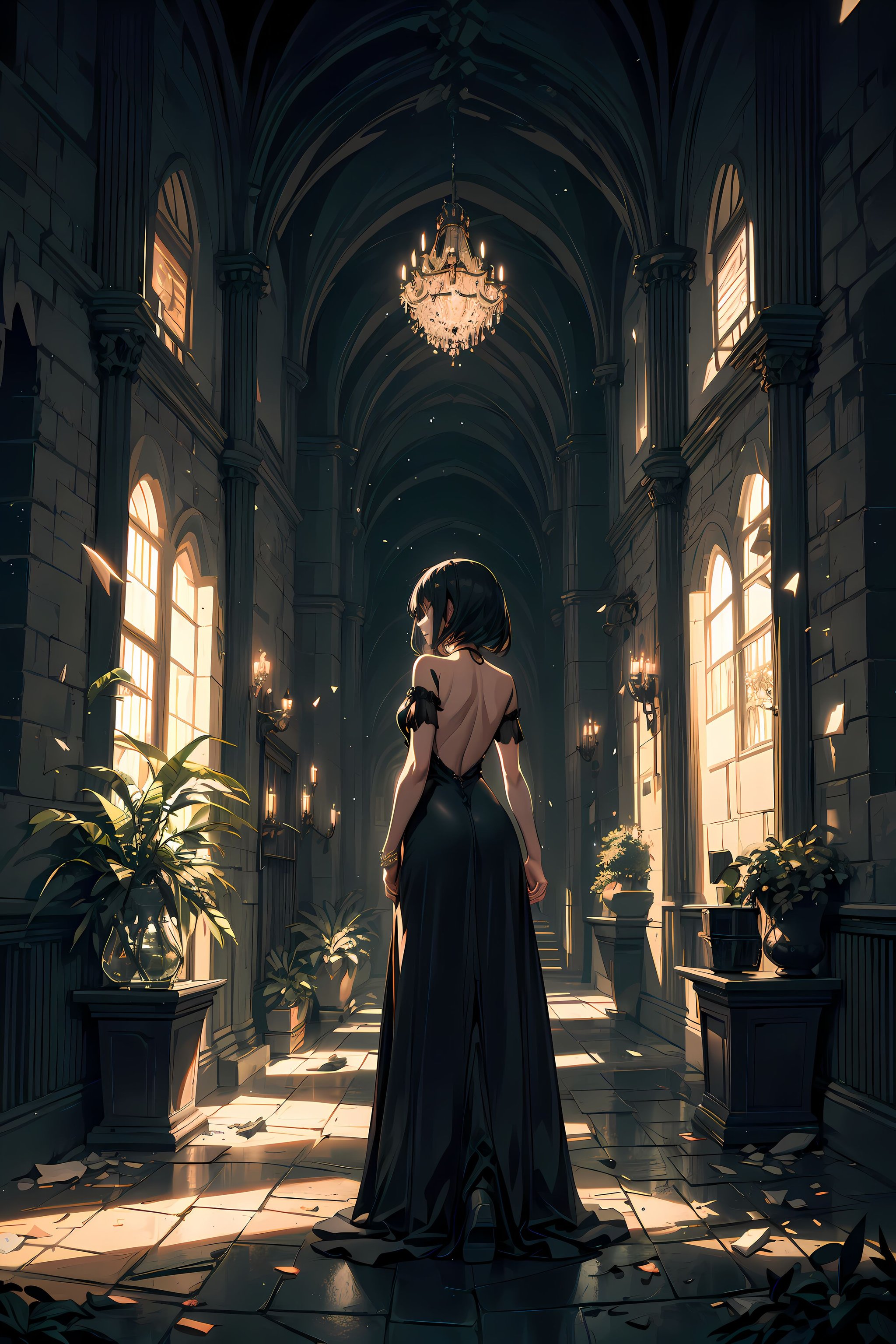 1girl, from behind, full body, standing, (black long dress), red carpet, castle halls, old bricks, worn out castle halls, potted plants, (volumetric lighting), foliage, glass shards, night, dark room, glowing shards