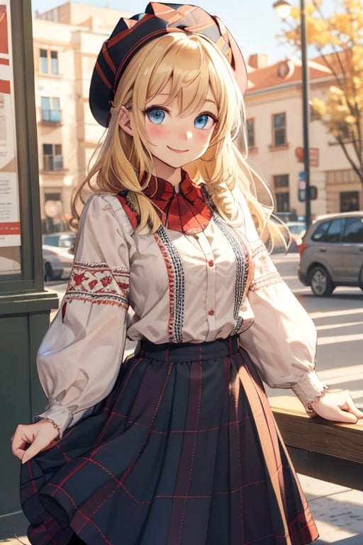 ukrainian dress, 1girl, solo, smile, looking at viewer, blonde hair, blush, blue eyes, skirt, long sleeves, shirt, <lora:7b14fab9-1b67-4a9e-ac76-0aba24cda6ea:0.7>