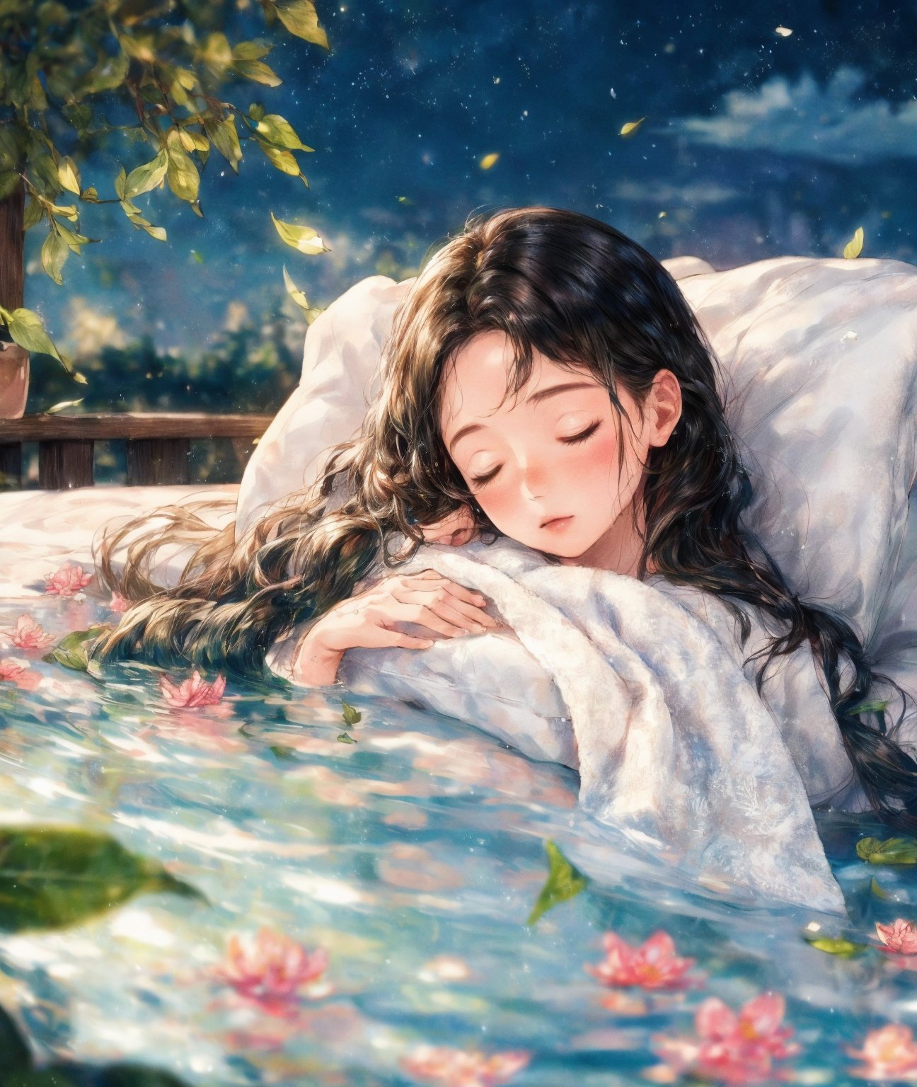 masterpiece,best quality,realistic,highres,Highly detailed,blurry background,1girl,<lora:add_more_details:0.5>,long hair,juliet sleeves,1girl,closed eyes,night,pillow,black hair,water,leaf,sleeping,blanket,flower,sky,maydream,<lora:menghuangan_max:0.5>,