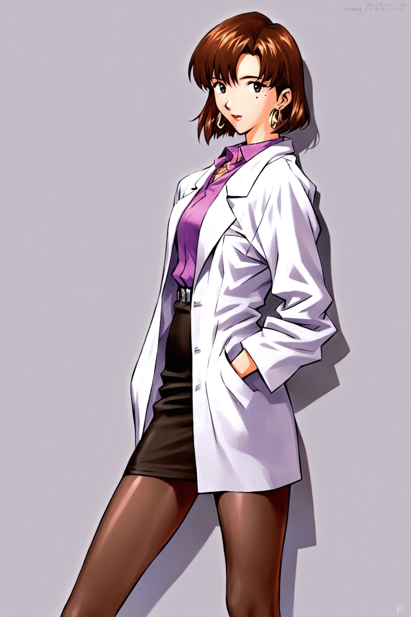 1girl,solo,labcoat,pantyhose,short hair,earrings,jewelry,mole,skirt,pencil skirt,mole under eye,hand in pocket,brown hair,<lora:Sadamoto Yoshiyuki_XL_kohaku:0.8>,