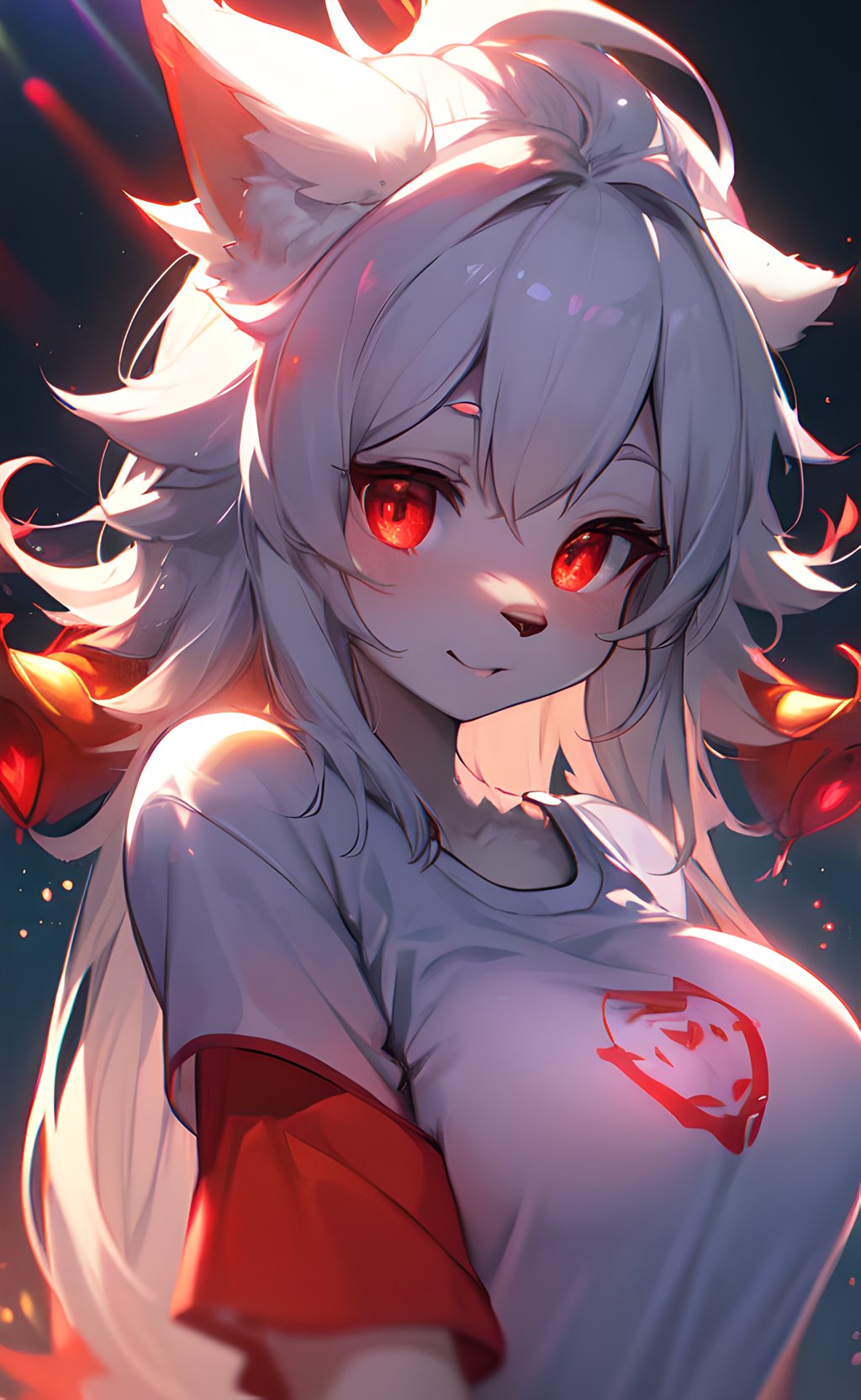 furry, white fur, ultra cute face, red elements on fur, breasts, glowing t-shirt, beautiful lights and shadows, ambient light, ultra detailed fur, volumetric light