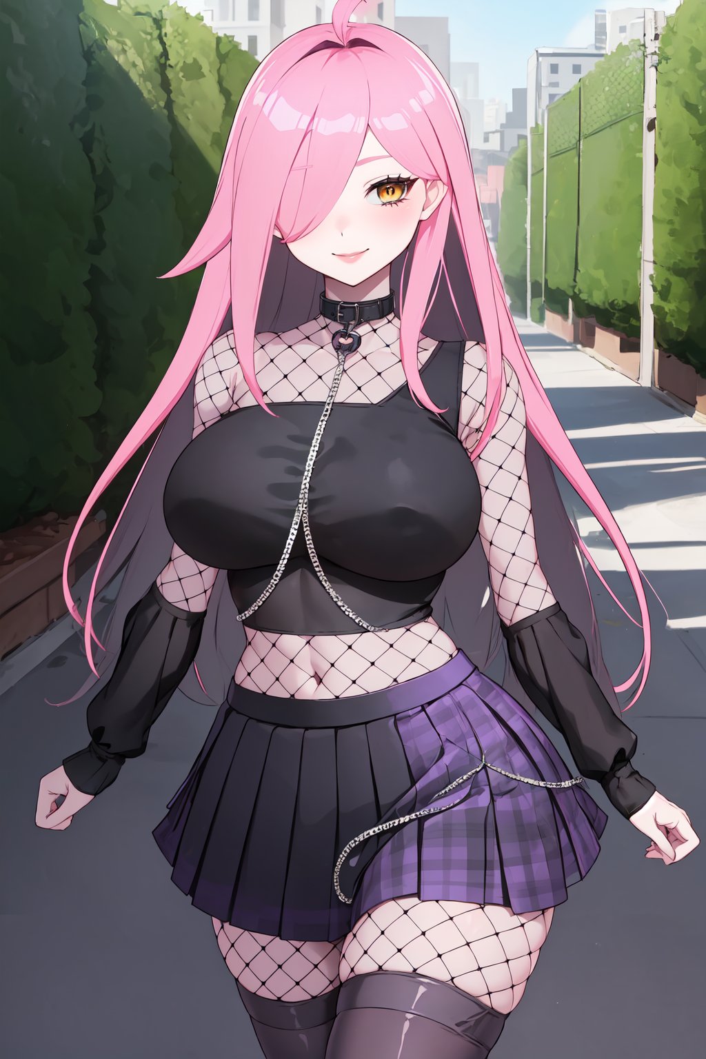 (masterpiece, best quality), NeneEfthyVT, yellow eye, hair covering one eye, long hair, pink hair, ahoge, collar, navel,  (black pads sleeve:1.2), collar with chain, black crop top, (mesh:1.3), purple skirt, black skirt, skirt, square skirt, (two tone skirt:1.3), (half color skirt:1.3), (thight mesh:1.3), ((purple thighhighs:1.3)), black boots, ((solo)), walking, looking at viewer, seductive smile, half-closed eyes, outdoors  <lora:NeneEfthyVT:0.7>