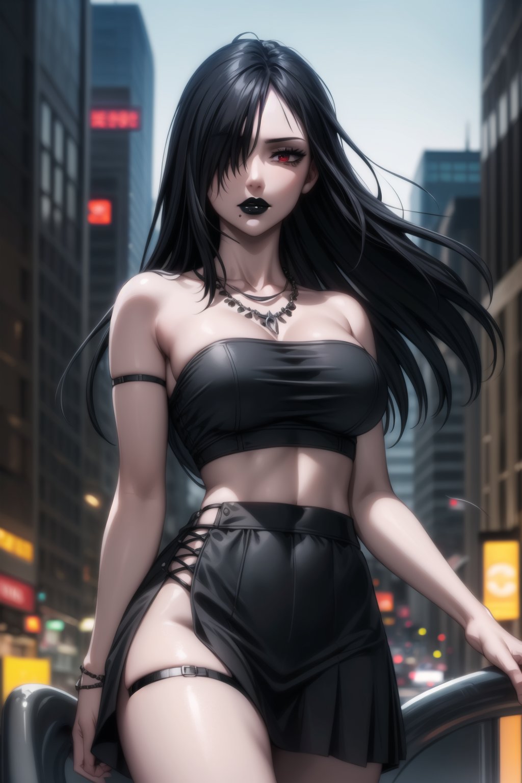 ((best quality)), ((highly detailed)), masterpiece, ((official art)), detailed face, beautiful face, (detailed eyes, deep eyes), seductive posing, (cowboy shot),lolopechka, red eyes, (sexy:1.3), (long straight black hair, dark black hair, long straight hair, hair covering one eye:1.3), (makeup, black lips:1.3),(  pale white skin, very white skin, goth, long eyelashes, medium to big breasts, black necklace, black fishnet shirt, black tube top, black fishnet shirt over black tube top, black skirt, city street, nighttime)), intricately detailed, hyperdetailed, blurry background, depth of field, best quality, masterpiece, intricate details, tonemapping, sharp focus, hyper detailed, trending on Artstation, 1 girl, high res, official art<lora:EMS-28161-EMS:0.300000>, <lora:EMS-401523-EMS:0.800000>, <lora:EMS-40438-EMS:0.600000>, <lora:EMS-93-EMS:0.600000>, <lora:EMS-31593-EMS:0.200000>