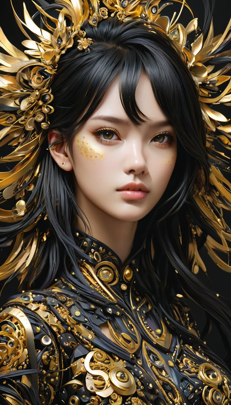 (masterpiece, top quality, best quality, official art, beautiful and aesthetic:1.2),(1girl,upper body:1.3),extreme detailed,(abstract art:1.2),colorful,highest detailed,black and gold,